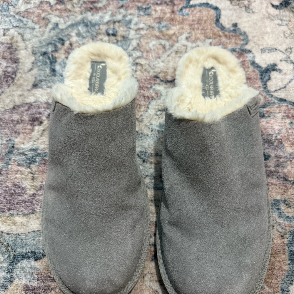 By Uggs Gray Suede Slippers with Cream Lining size 11 women or unisex